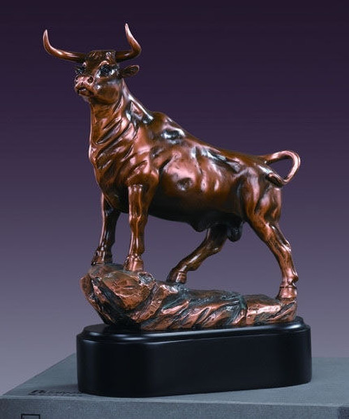 Stock Market Bull Figurine Statue bronze horns sculpture on base